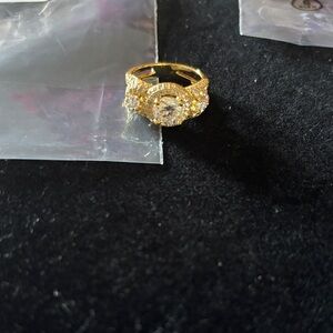Moissanite Elegant Gold-Tone Ring with Clear Gemstone